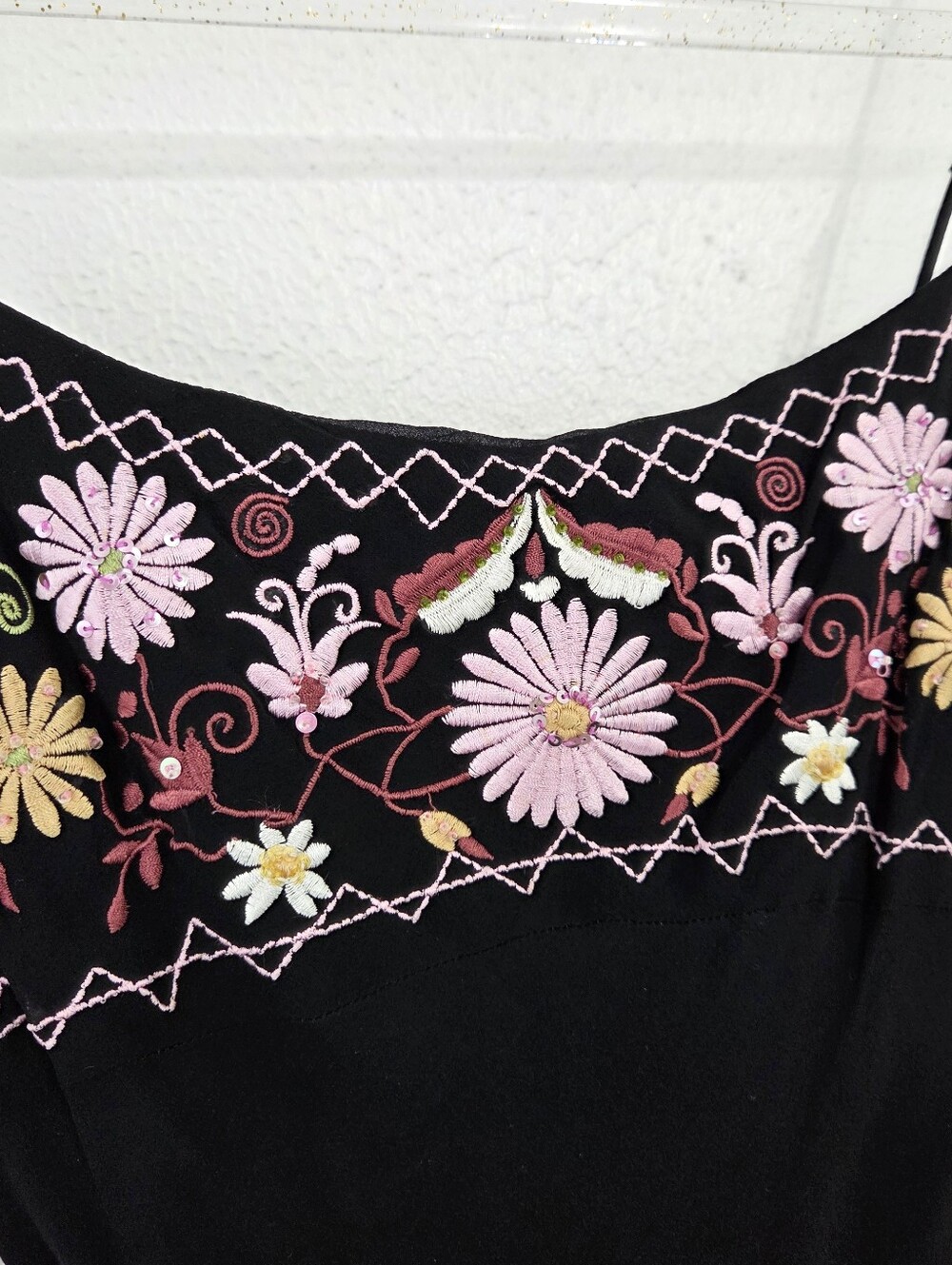 Vintage 90s Betsey Johnson silk slip midi dress black pink floral embroidery 4 - Picture 4 of 8